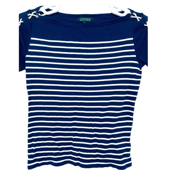 Ralph Lauren Blue Stripes T Shirt Size Large Lace‎ Up Tie Shoulders L - Picture 5 of 7